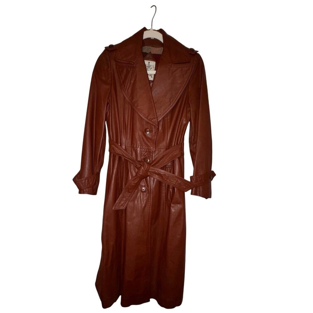 70s Vintage Junior Gallery Womens Brown Leather Belted Trench Coat Plaid Lined 4